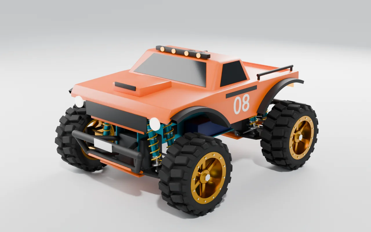 Render del modelo naranja Bisonte MT8 con suspensión y neumáticos todoterreno